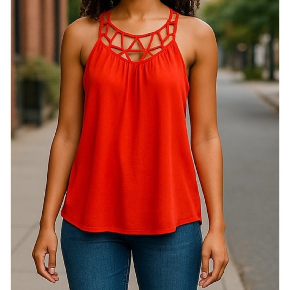 MINE Small Red Caged Cut Out Neckline Sleeveless Top With Sheer Overlay